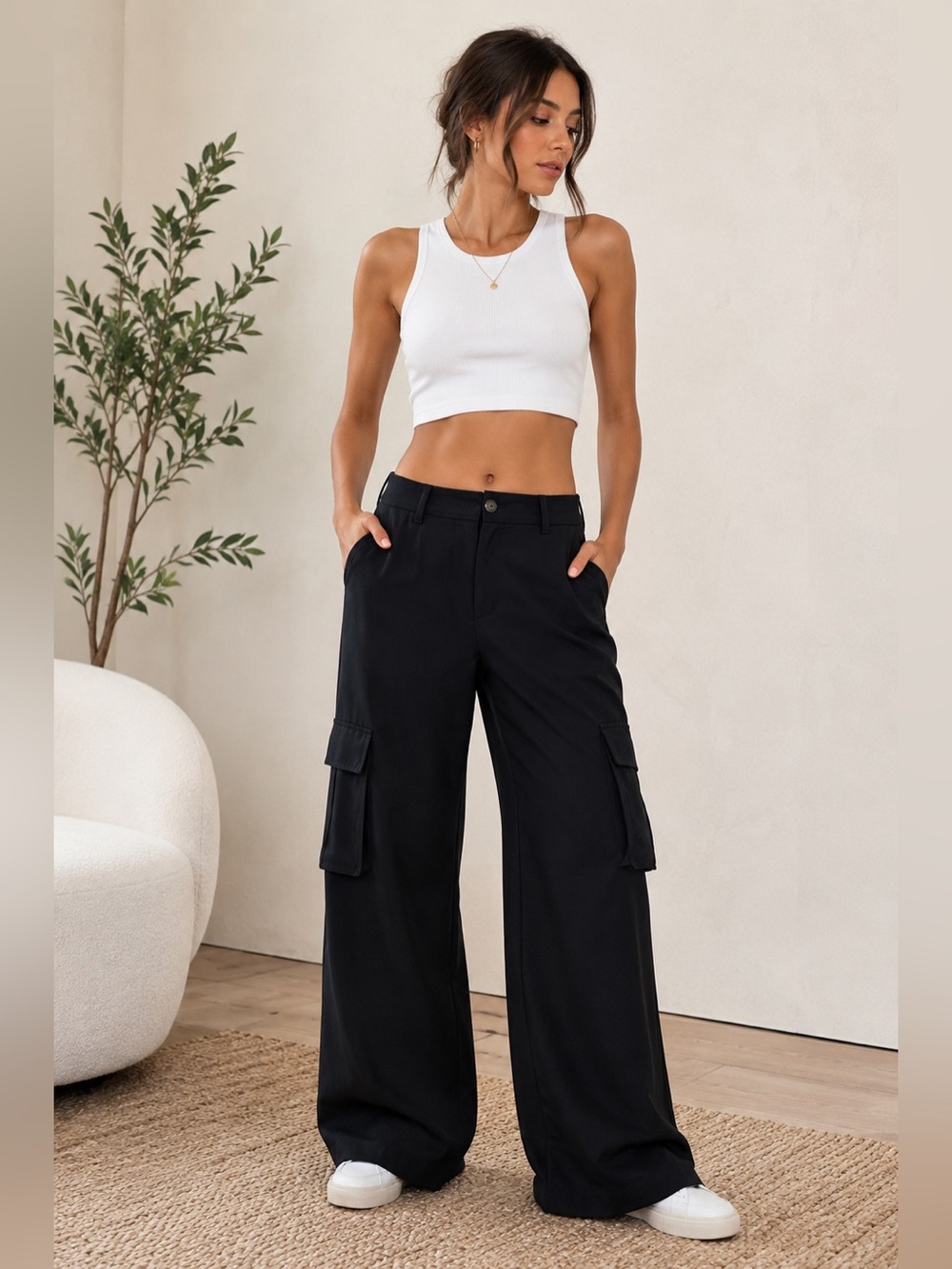 Aritzia Wilfred Black Effortless Cargo Wide Leg Pants Size 8 High Rise